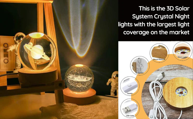 3D Galaxy Solar System Crystal Ball Night Light with Wooden Base for Boys and Girls