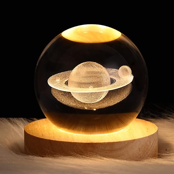 3D Galaxy Solar System Crystal Ball Night Light with Wooden Base for Boys and Girls